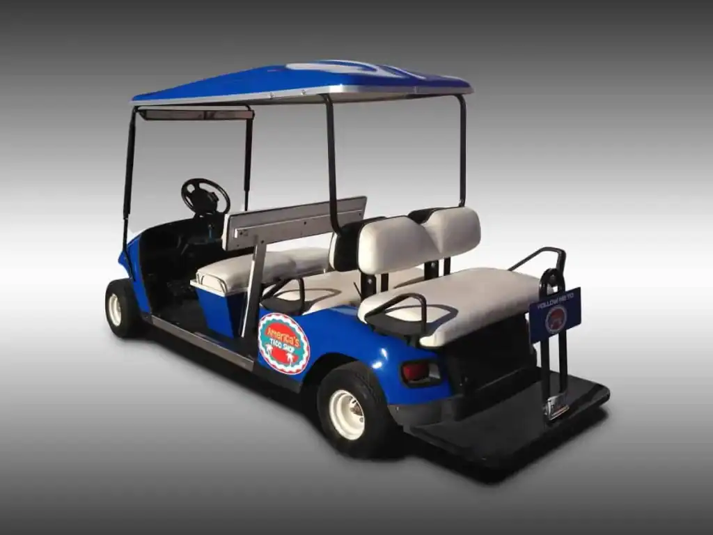 Vehicle Wraps...Our work, before and after - 3 12 side of the Taco golf cart after a wrap